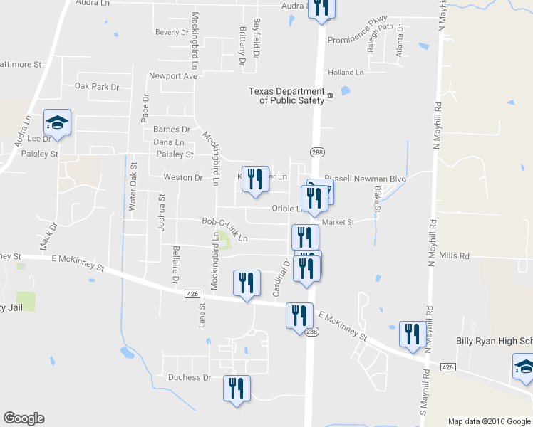 map of restaurants, bars, coffee shops, grocery stores, and more near 3401 Woodthrush Lane in Denton