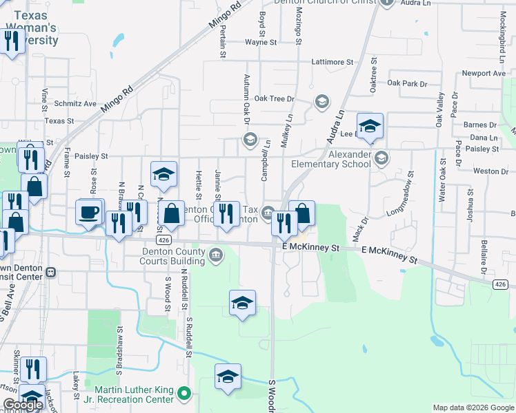 map of restaurants, bars, coffee shops, grocery stores, and more near 501 Campbell Lane in Denton