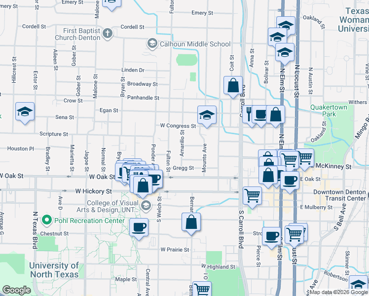 map of restaurants, bars, coffee shops, grocery stores, and more near 903 Anderson Street in Denton