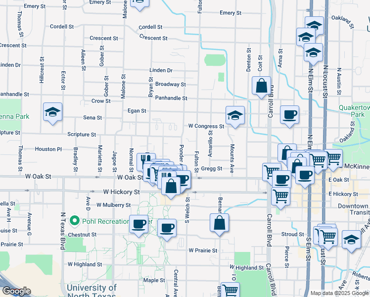 map of restaurants, bars, coffee shops, grocery stores, and more near 330 Ponder Avenue in Denton