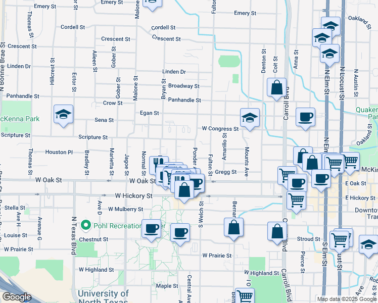 map of restaurants, bars, coffee shops, grocery stores, and more near 406 Fry Street in Denton