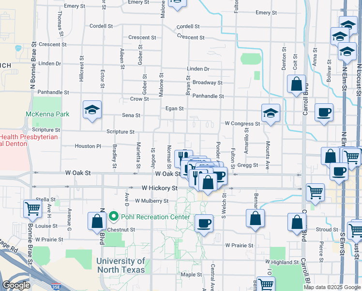 map of restaurants, bars, coffee shops, grocery stores, and more near 410 Bryan Street in Denton