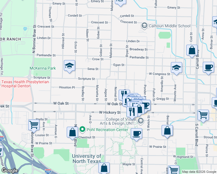 map of restaurants, bars, coffee shops, grocery stores, and more near 316 Jagoe Street in Denton