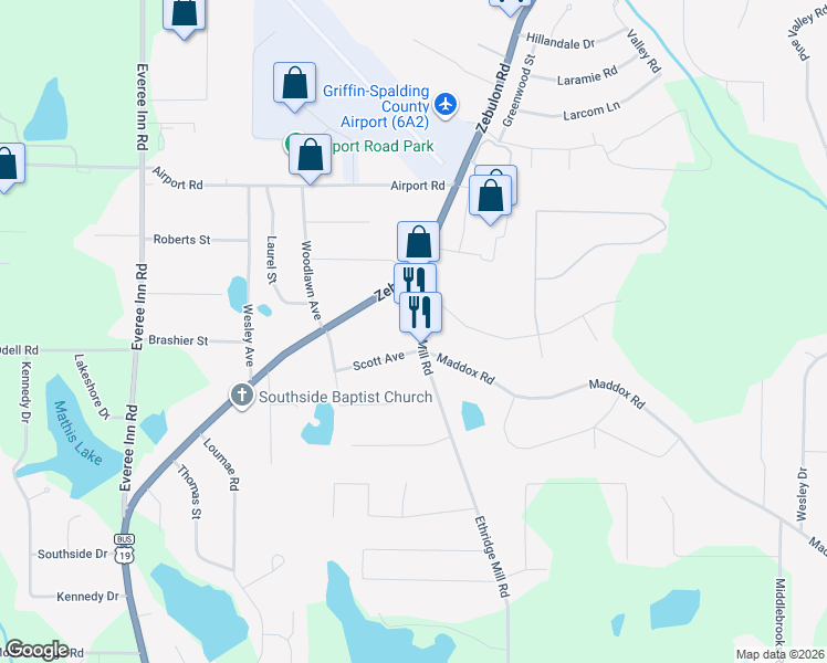 map of restaurants, bars, coffee shops, grocery stores, and more near 119 Ethridge Mill Road in Griffin