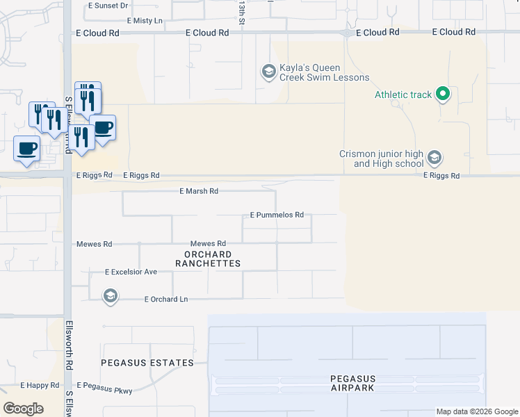 map of restaurants, bars, coffee shops, grocery stores, and more near 21338 East Pummelos Road in Queen Creek