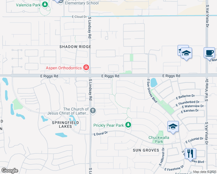 map of restaurants, bars, coffee shops, grocery stores, and more near 6086 South Pearl Drive in Chandler