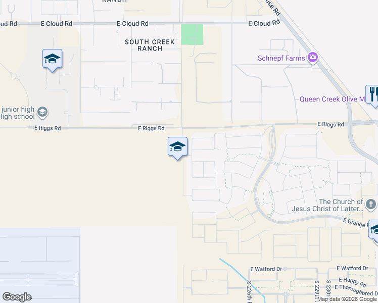 map of restaurants, bars, coffee shops, grocery stores, and more near 25410 South 224th Place in Queen Creek