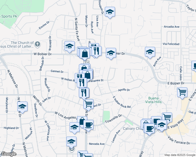 map of restaurants, bars, coffee shops, grocery stores, and more near 202 Cananea Street in Vista