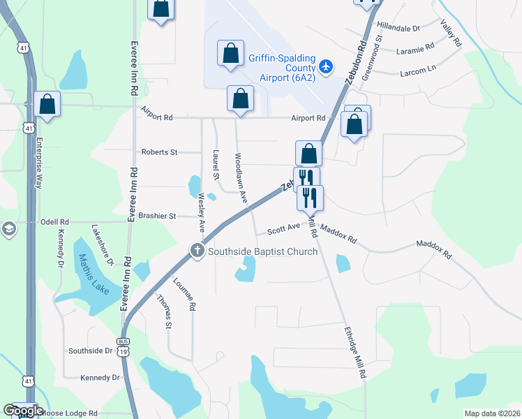 map of restaurants, bars, coffee shops, grocery stores, and more near 1226 Zebulon Road in Griffin