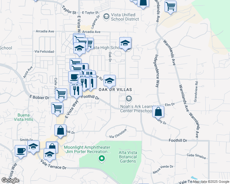 map of restaurants, bars, coffee shops, grocery stores, and more near 1349 Isabella Way in Vista