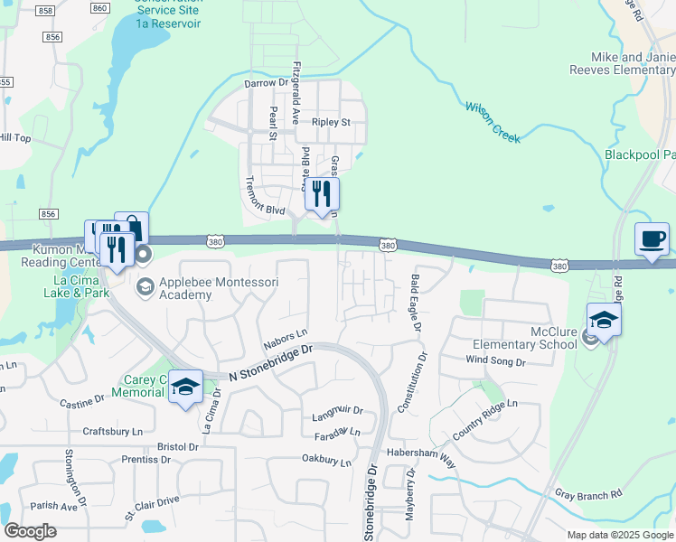 map of restaurants, bars, coffee shops, grocery stores, and more near 1830 Grassmere Lane in McKinney