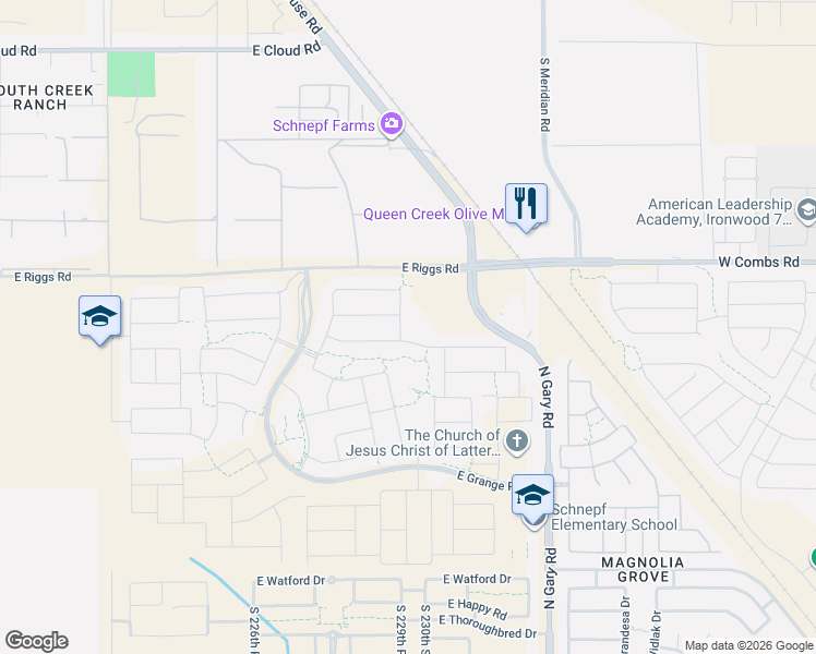 map of restaurants, bars, coffee shops, grocery stores, and more near 25449 South 229th Place in Queen Creek