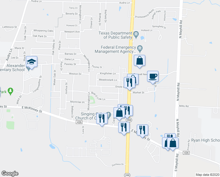 map of restaurants, bars, coffee shops, grocery stores, and more near 3406 Oriole Lane in Denton