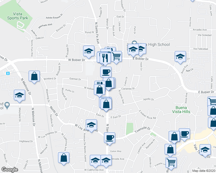 map of restaurants, bars, coffee shops, grocery stores, and more near 1301 County Highway S14 in Vista