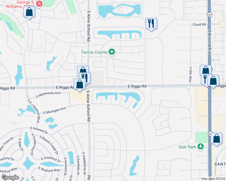 map of restaurants, bars, coffee shops, grocery stores, and more near 10525 East Minnesota Avenue in Sun Lakes