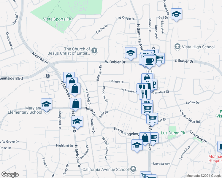 map of restaurants, bars, coffee shops, grocery stores, and more near 276 West Indian Rock Road in Vista