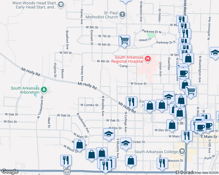 map of restaurants, bars, coffee shops, grocery stores, and more near 633 North Murphy Avenue in El Dorado