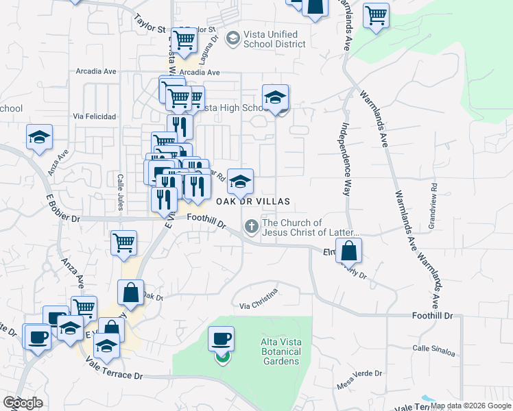 map of restaurants, bars, coffee shops, grocery stores, and more near 1362 Isabella Way in Vista