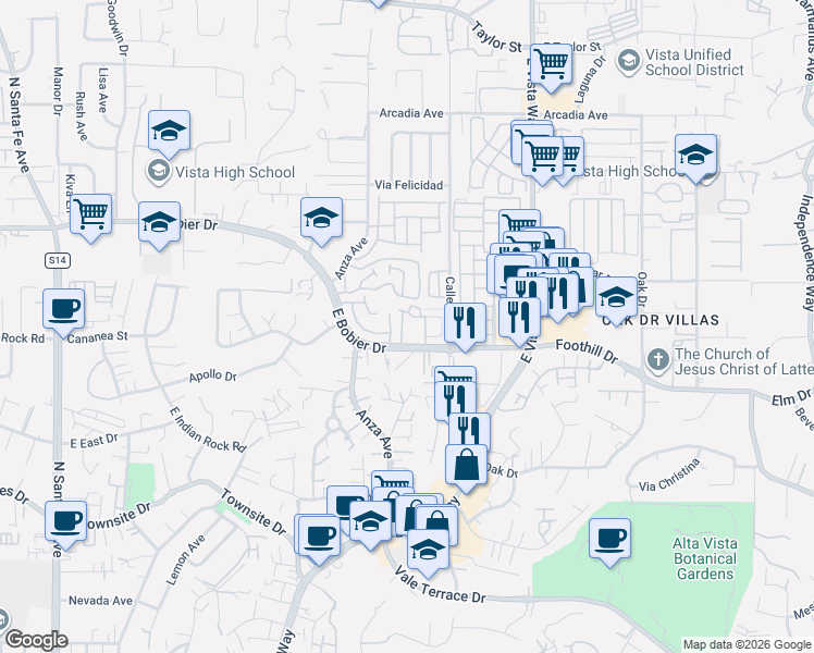 map of restaurants, bars, coffee shops, grocery stores, and more near in Vista