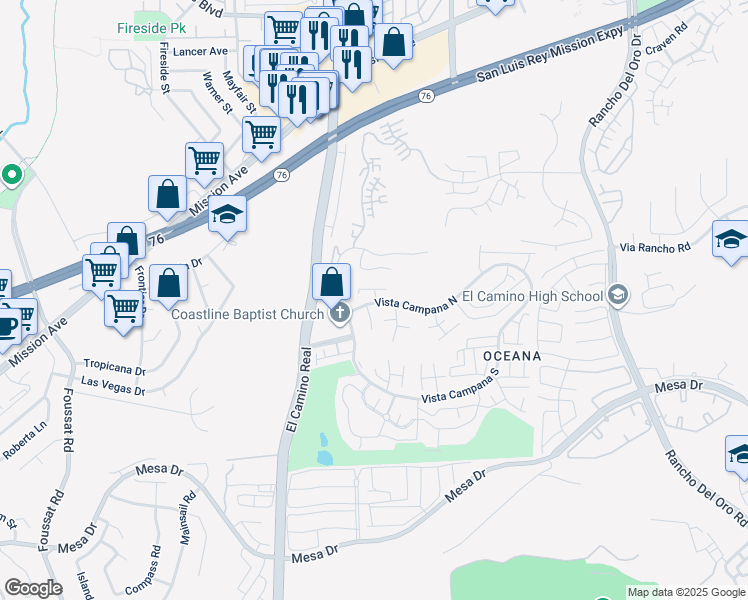 map of restaurants, bars, coffee shops, grocery stores, and more near 3655 Vista Campana North in Oceanside