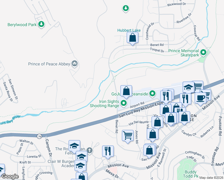 map of restaurants, bars, coffee shops, grocery stores, and more near San Luis Rey River Trail in Oceanside