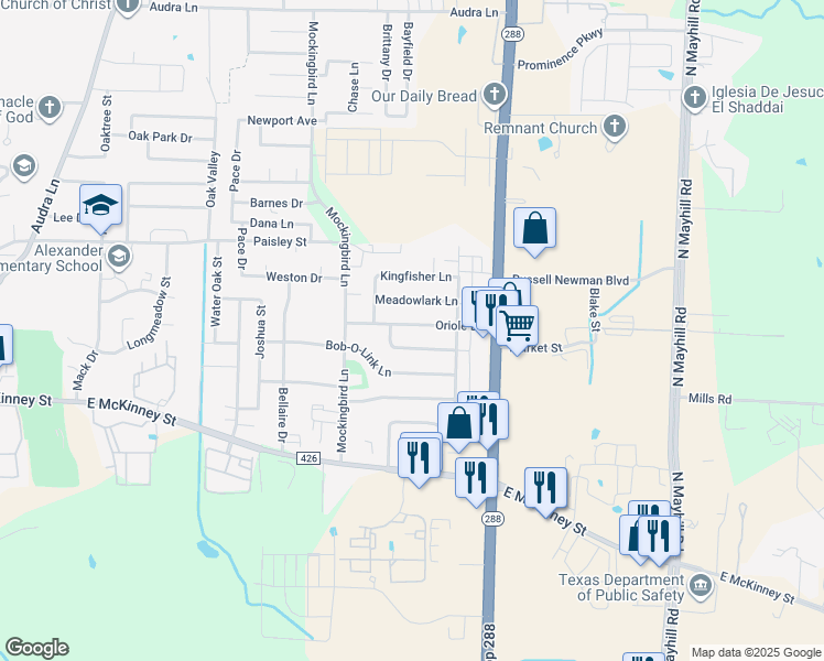 map of restaurants, bars, coffee shops, grocery stores, and more near 3401 Woodthrush Lane in Denton