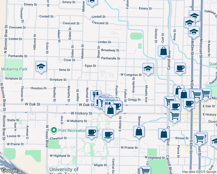 map of restaurants, bars, coffee shops, grocery stores, and more near 406 Fry Street in Denton