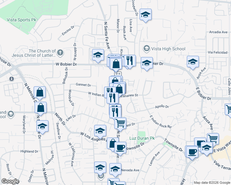 map of restaurants, bars, coffee shops, grocery stores, and more near 1281 North Santa Fe Avenue in Vista