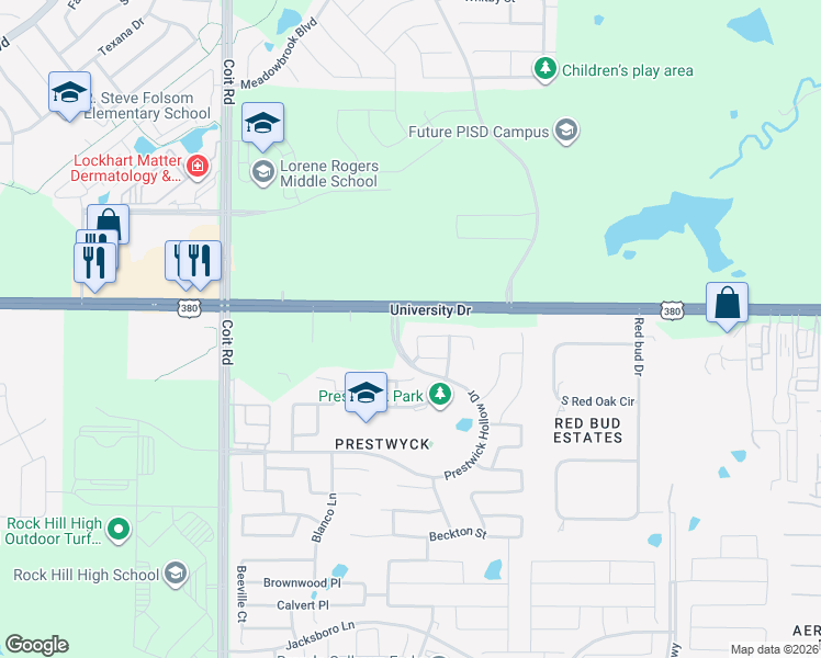 map of restaurants, bars, coffee shops, grocery stores, and more near 1905 Elite Road in McKinney