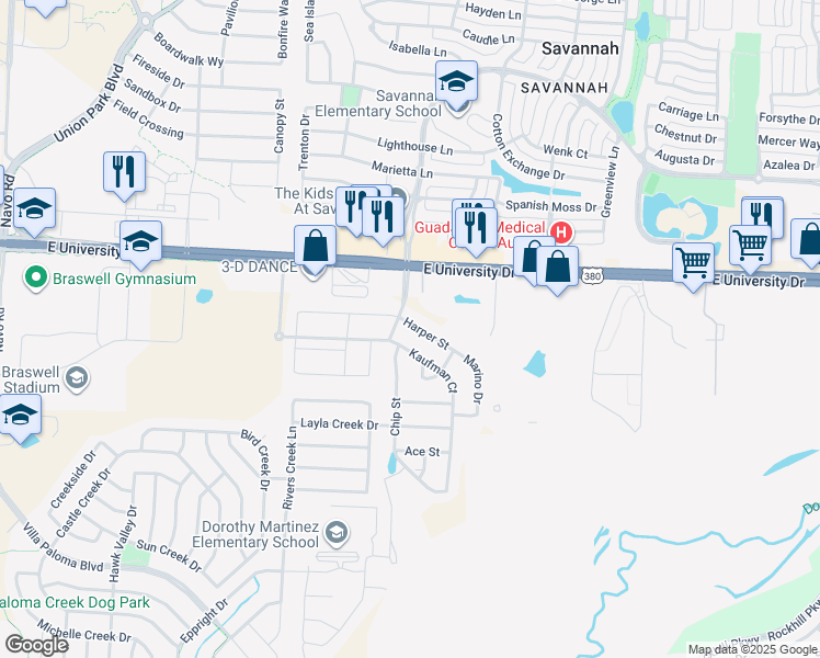 map of restaurants, bars, coffee shops, grocery stores, and more near 2390 South Elm Ridge Road in Little Elm