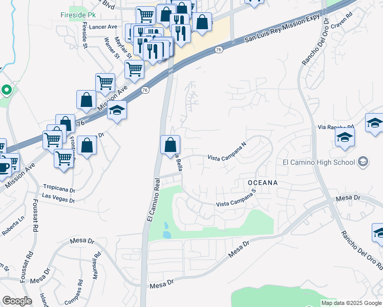 map of restaurants, bars, coffee shops, grocery stores, and more near 3660 Vista Campana North in Oceanside