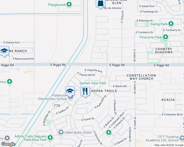 map of restaurants, bars, coffee shops, grocery stores, and more near 2475 East Cherry Hill Drive in Gilbert