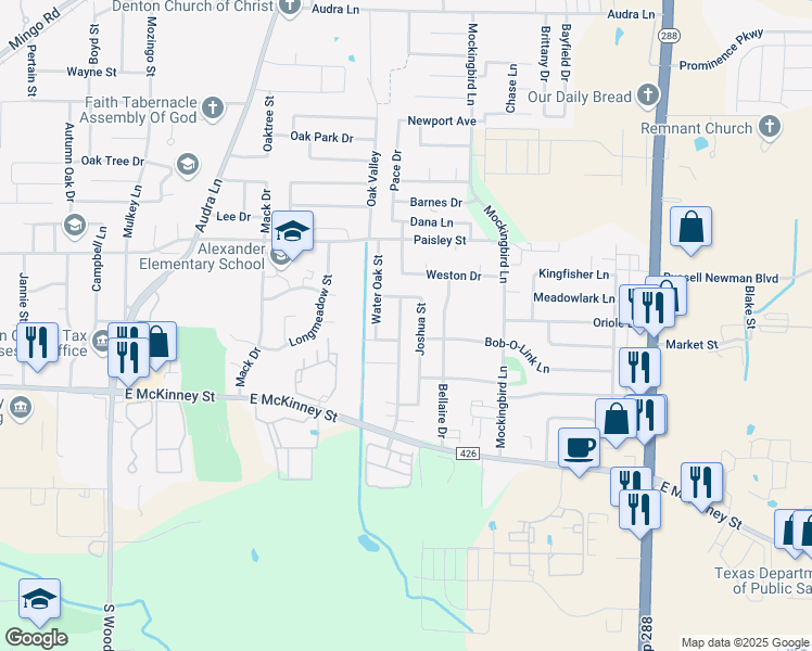 map of restaurants, bars, coffee shops, grocery stores, and more near 304 Springtree Street in Denton