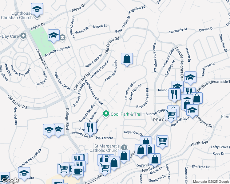 map of restaurants, bars, coffee shops, grocery stores, and more near 1720 Avenida De Suenos in Oceanside