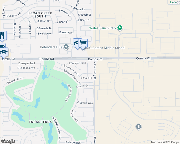 map of restaurants, bars, coffee shops, grocery stores, and more near 1713 East Harmony Way in San Tan Valley
