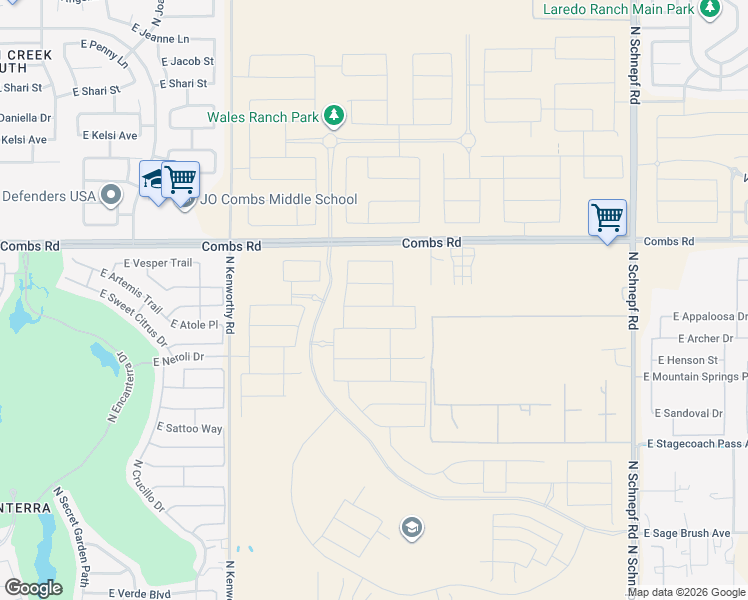 map of restaurants, bars, coffee shops, grocery stores, and more near 2668 Horse Mesa Trail in Queen Creek