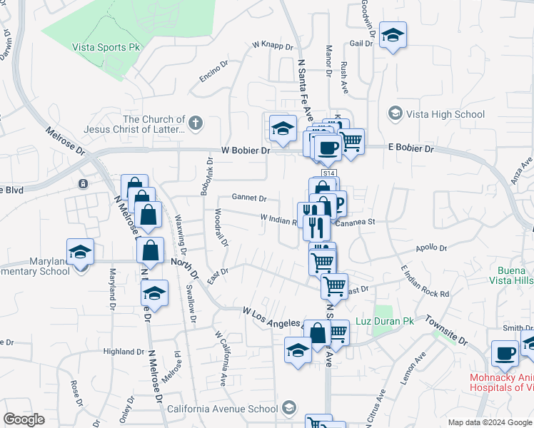map of restaurants, bars, coffee shops, grocery stores, and more near 221 West Indian Rock Road in Vista
