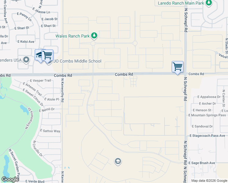 map of restaurants, bars, coffee shops, grocery stores, and more near 2668 Horse Mesa Trail in Queen Creek