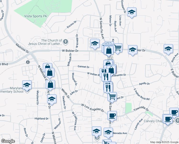 map of restaurants, bars, coffee shops, grocery stores, and more near 221 West Indian Rock Road in Vista