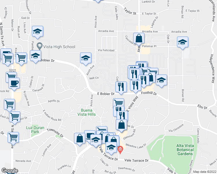 map of restaurants, bars, coffee shops, grocery stores, and more near 800 East Bobier Drive in Vista