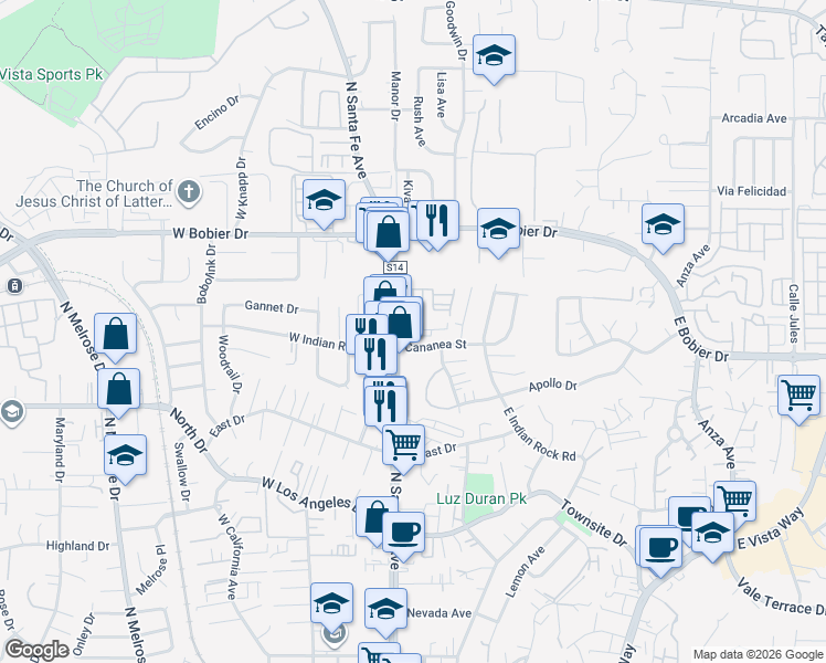 map of restaurants, bars, coffee shops, grocery stores, and more near 1281 North Santa Fe Avenue in Vista