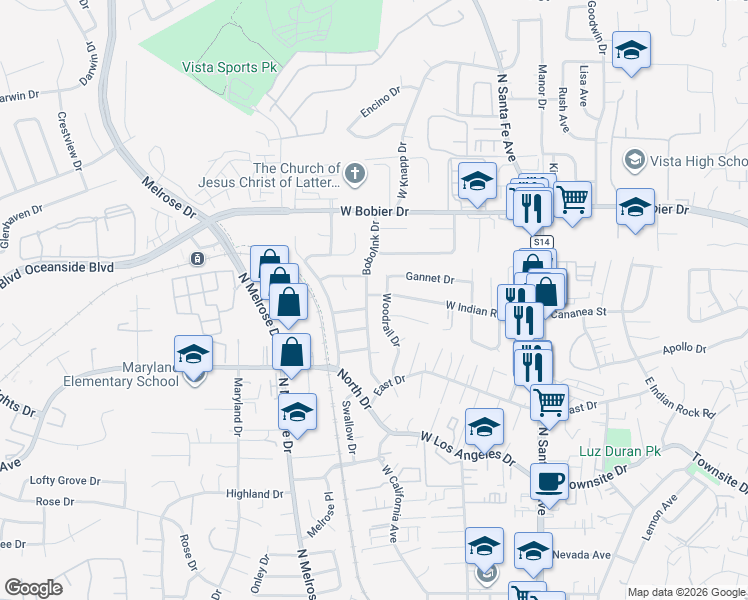 map of restaurants, bars, coffee shops, grocery stores, and more near 1207 Bobolink Drive in Vista