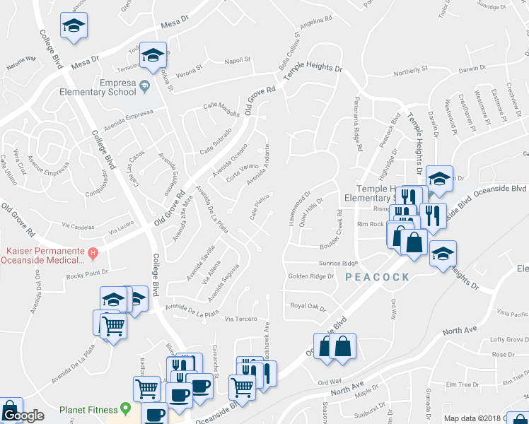 map of restaurants, bars, coffee shops, grocery stores, and more near 1751 Calle Platico in Oceanside