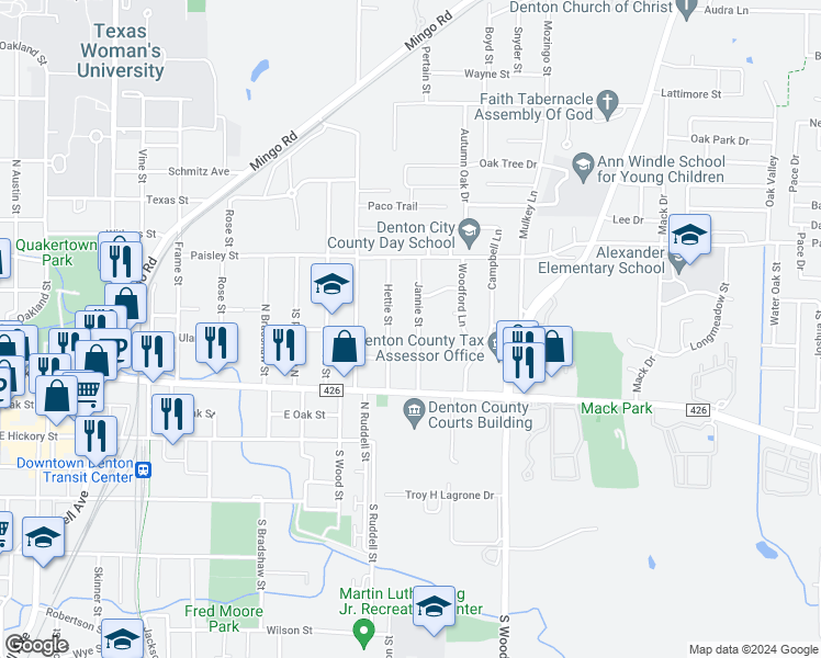 map of restaurants, bars, coffee shops, grocery stores, and more near 421 Jannie Street in Denton