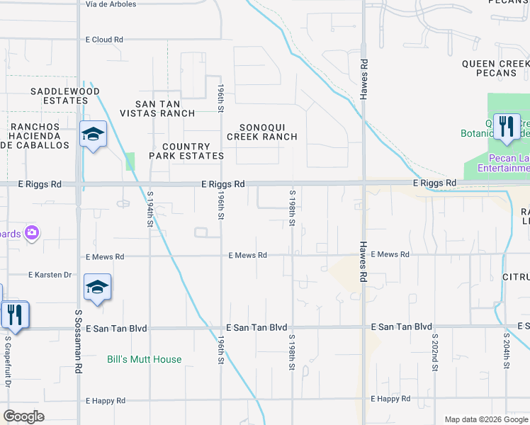 map of restaurants, bars, coffee shops, grocery stores, and more near 18007 East Indiana Avenue in Queen Creek