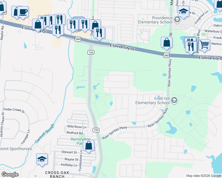 map of restaurants, bars, coffee shops, grocery stores, and more near 4201 Farm to Market Road 720 in Aubrey