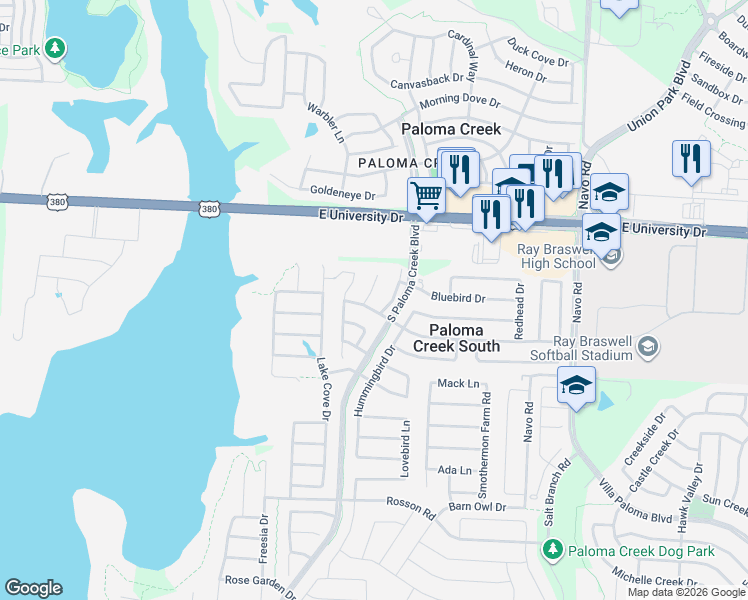 map of restaurants, bars, coffee shops, grocery stores, and more near 1308 Kittyhawk Drive in Little Elm