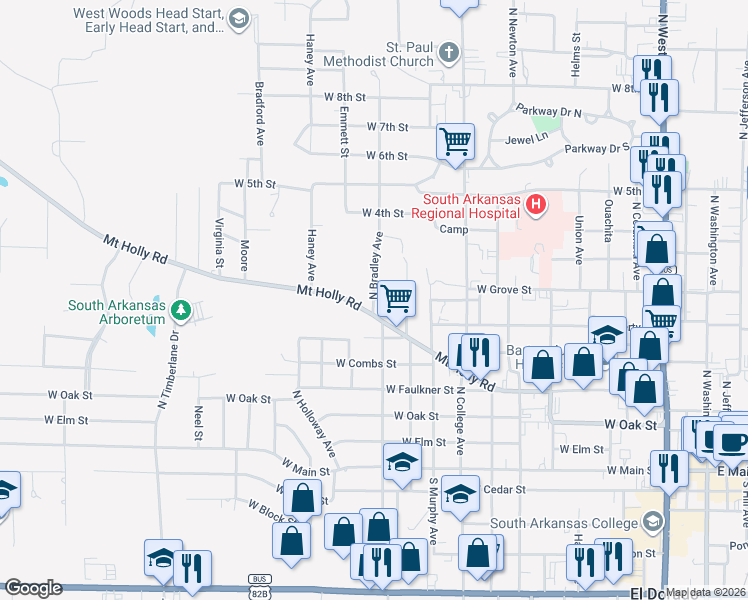 map of restaurants, bars, coffee shops, grocery stores, and more near 800 North Bradley Avenue in El Dorado