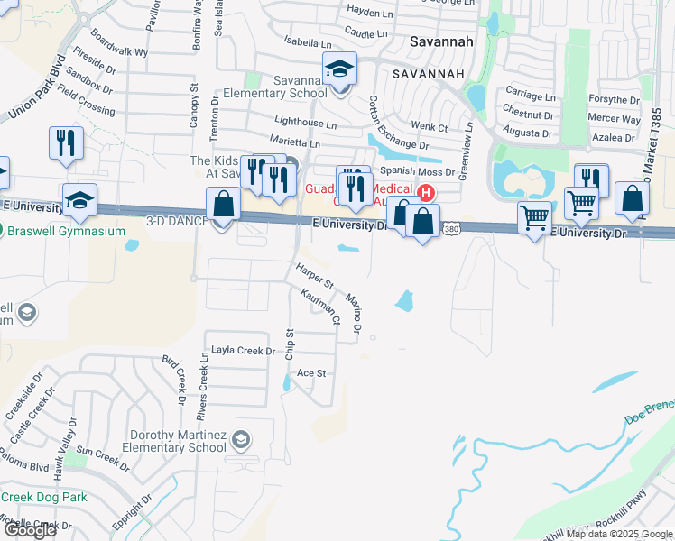 map of restaurants, bars, coffee shops, grocery stores, and more near 2390 South Elm Ridge Road in Little Elm