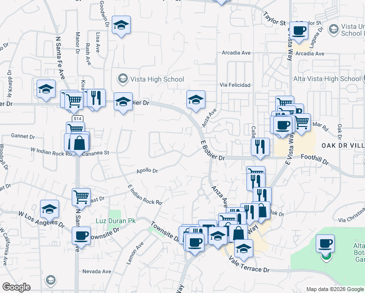 map of restaurants, bars, coffee shops, grocery stores, and more near 640 Cortez Avenue in Vista